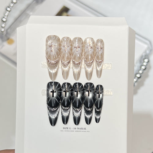Chic Press-On Nail Set with Elegant Rhinestone Design Bowlift