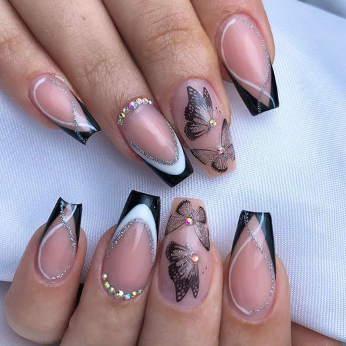 Artistic Long-Stiletto Press-On Nail Art with Butterfly Design Bowlift