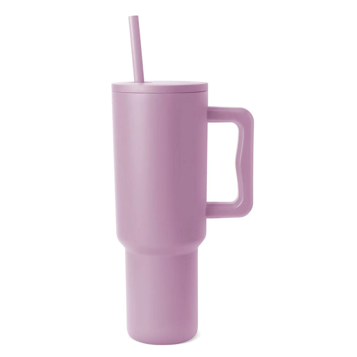 Women thermos cup with ergonomic handle and integrated straw Bowlift