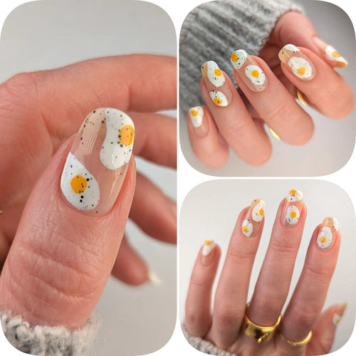 Artificial nails in creative fried egg design Bowlift