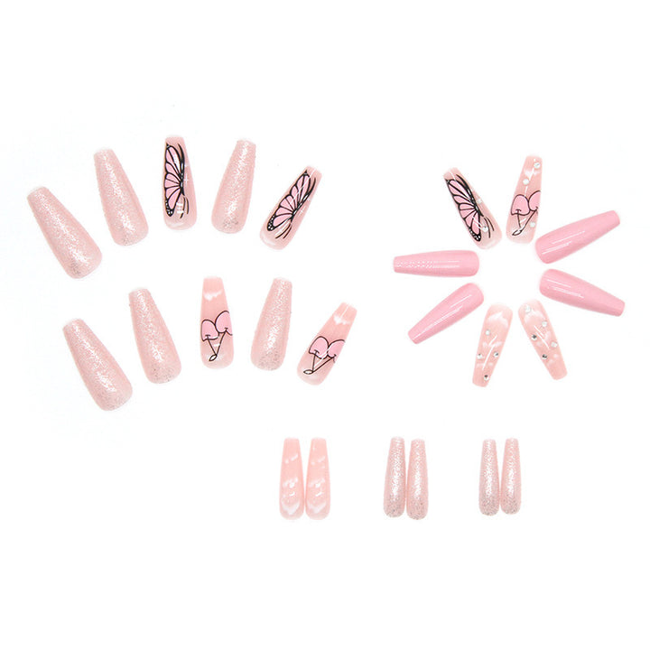 Artificial nail set with romantic butterfly designs and glitter accents Bowlift