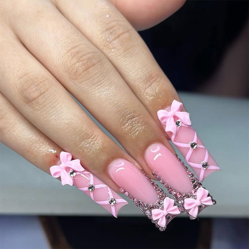Decorative Press-On Nail Set with Elegant Bow and Gem Accents Bowlift 1788496283