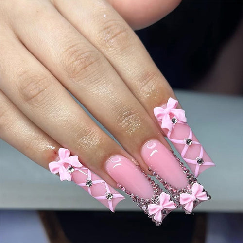 Decorative Press-On Nail Set with Elegant Bow and Gem Accents Bowlift 1788496283