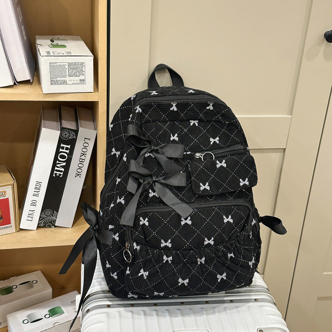 Corduroy Backpack with Bow Accents