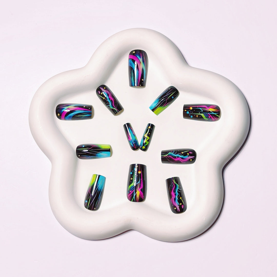 Creative artificial nails with luminous neon design Bowlift