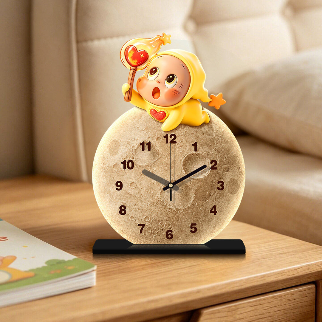 Lunar Texture Table Clock with LED Night Light and Star Character Bowlift