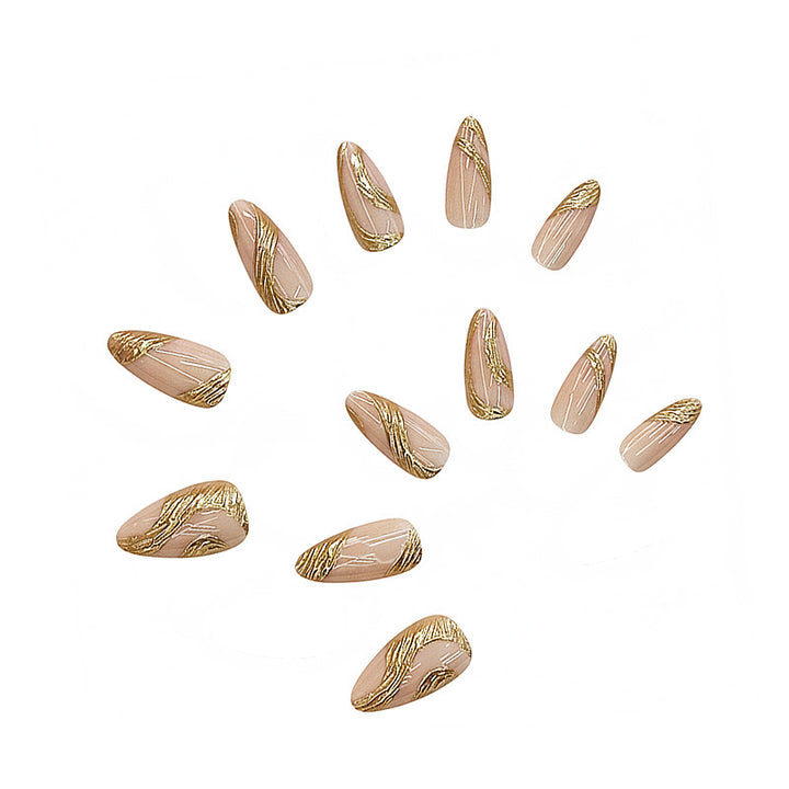 Artistic Press-On Nail Set with Gold Swirl Design Bowlift