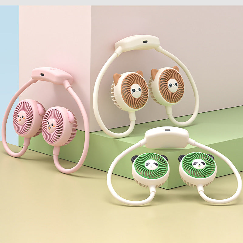 Unisex portable USB neck fan with two animal-shaped fan heads, flexible neckband, rechargeable Bowlift