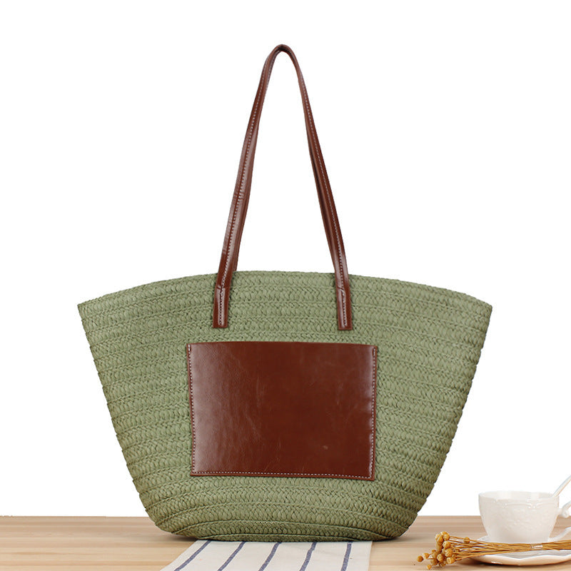 Trendy Beach Bag Made of Woven Straw and Leather Accents Bowlift