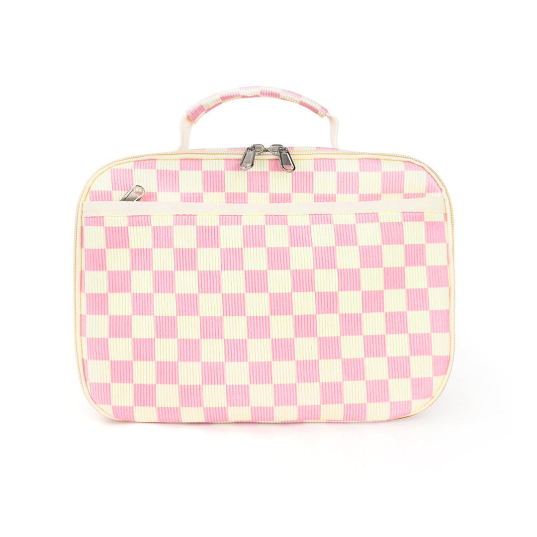 Insulated Checkerboard Lunch Tote with Top Handle and Front Zip Pocket Bowlift