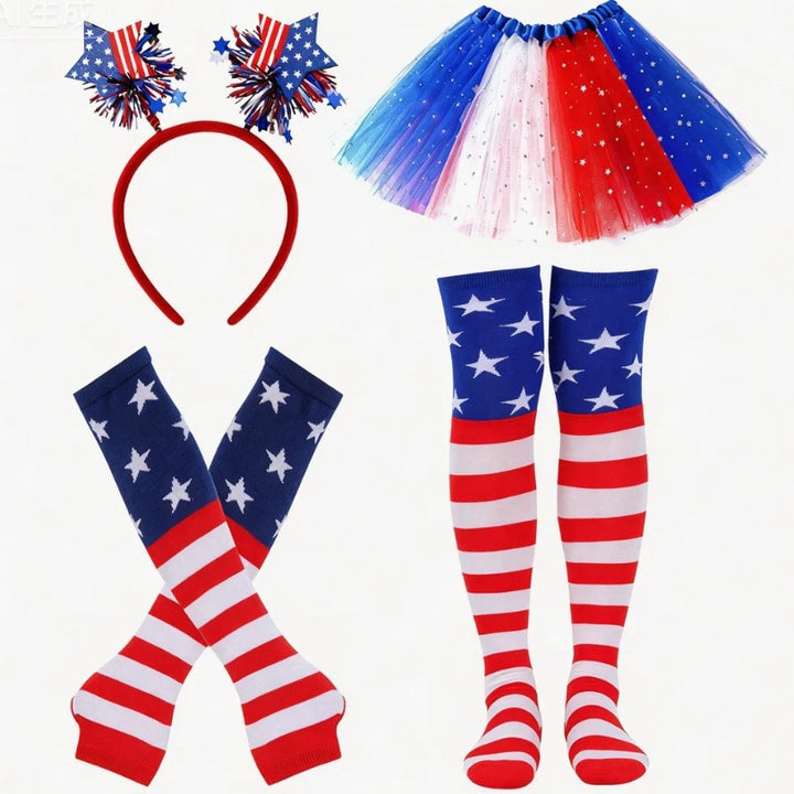 Women's nan patriotic tulle layered mini skirt headband arm sleeves and thigh high socks set Bowlift