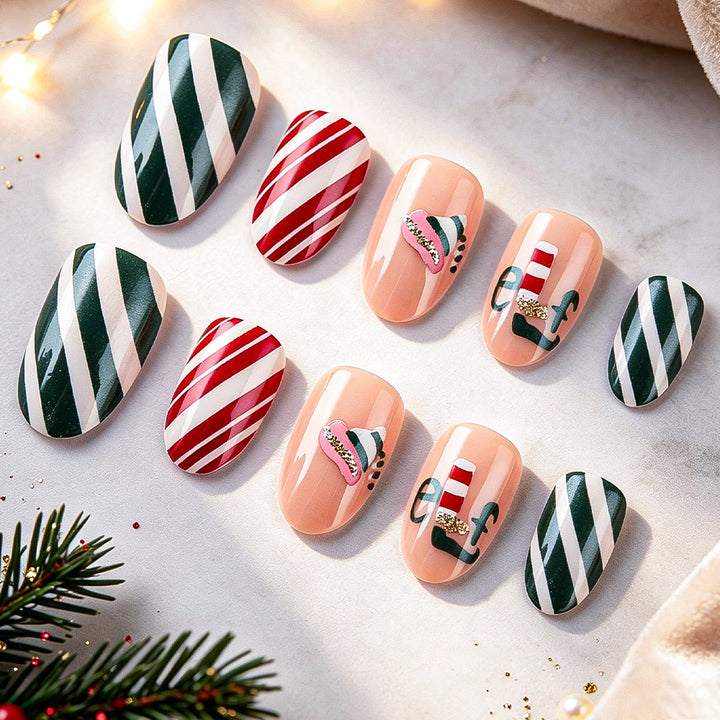 Festive Christmas-Themed Press-On Nail Art Bowlift