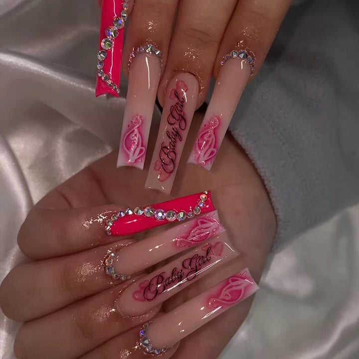 Artificial nail art with luxurious rhinestone and flower decorations Bowlift