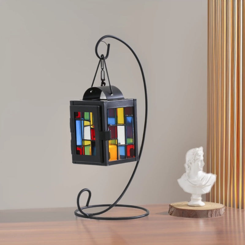 Stained Glass Mosaic Hanging Tealight Lantern with Metal Frame Bowlift