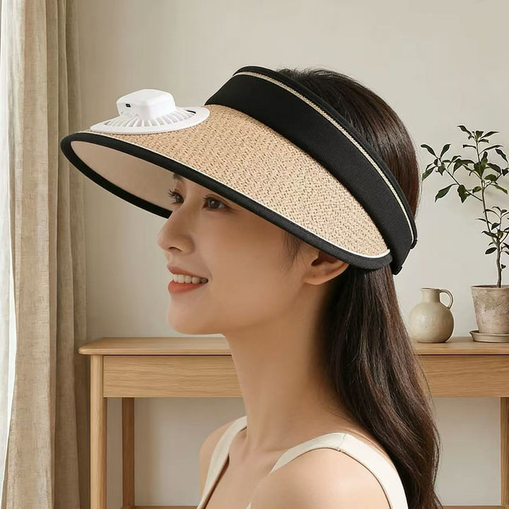 Air-cooled straw hat with detachable battery fan and elastic headband Bowlift