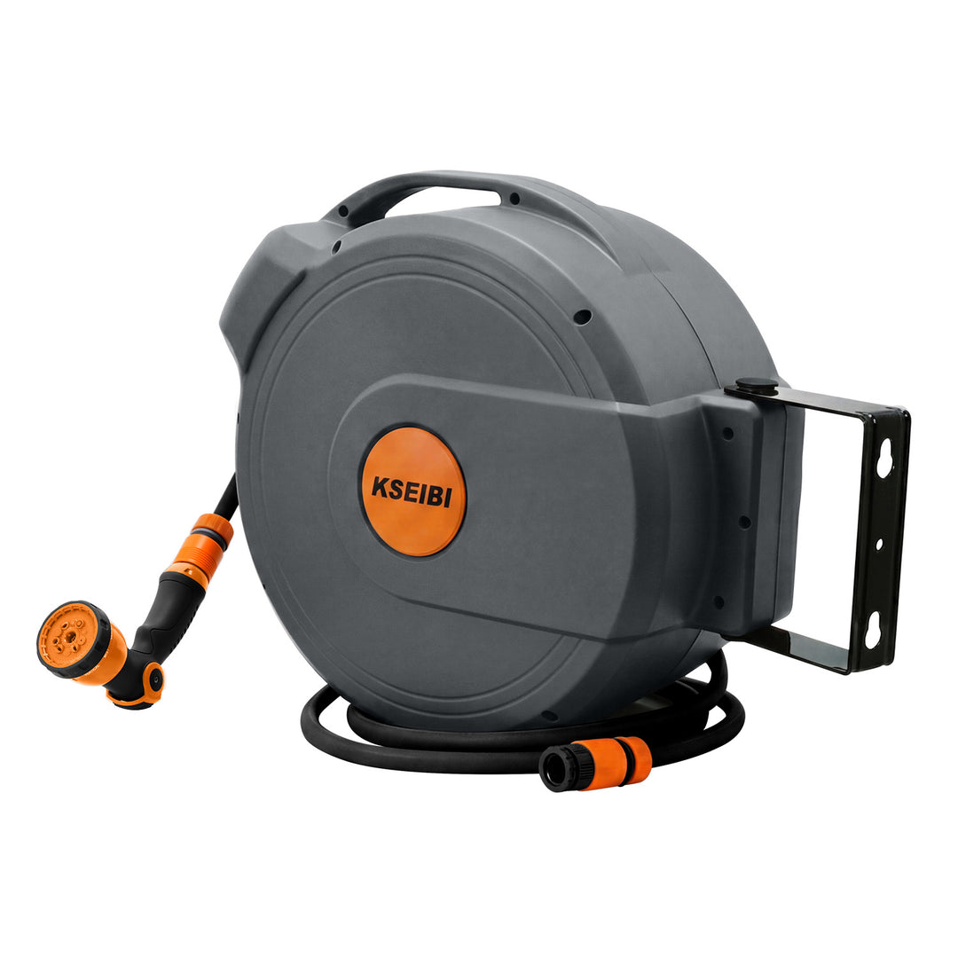 heavy-duty retractable wall-mounted garden hose reel with rubber hose and adjustable multi-pattern spray nozzle Bowlift