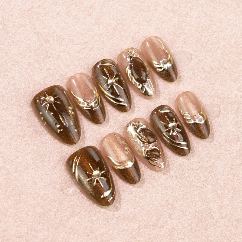 Artistic Press-On Nail Set with Gold Accents