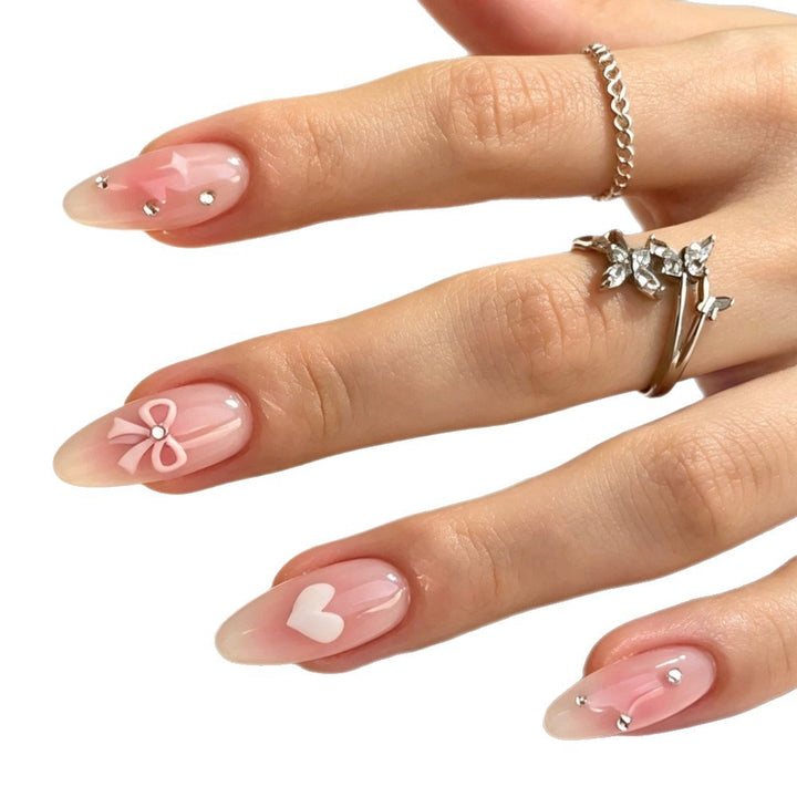 Decorative Press-On Nail Art Set with Heart and Bow Designs Bowlift