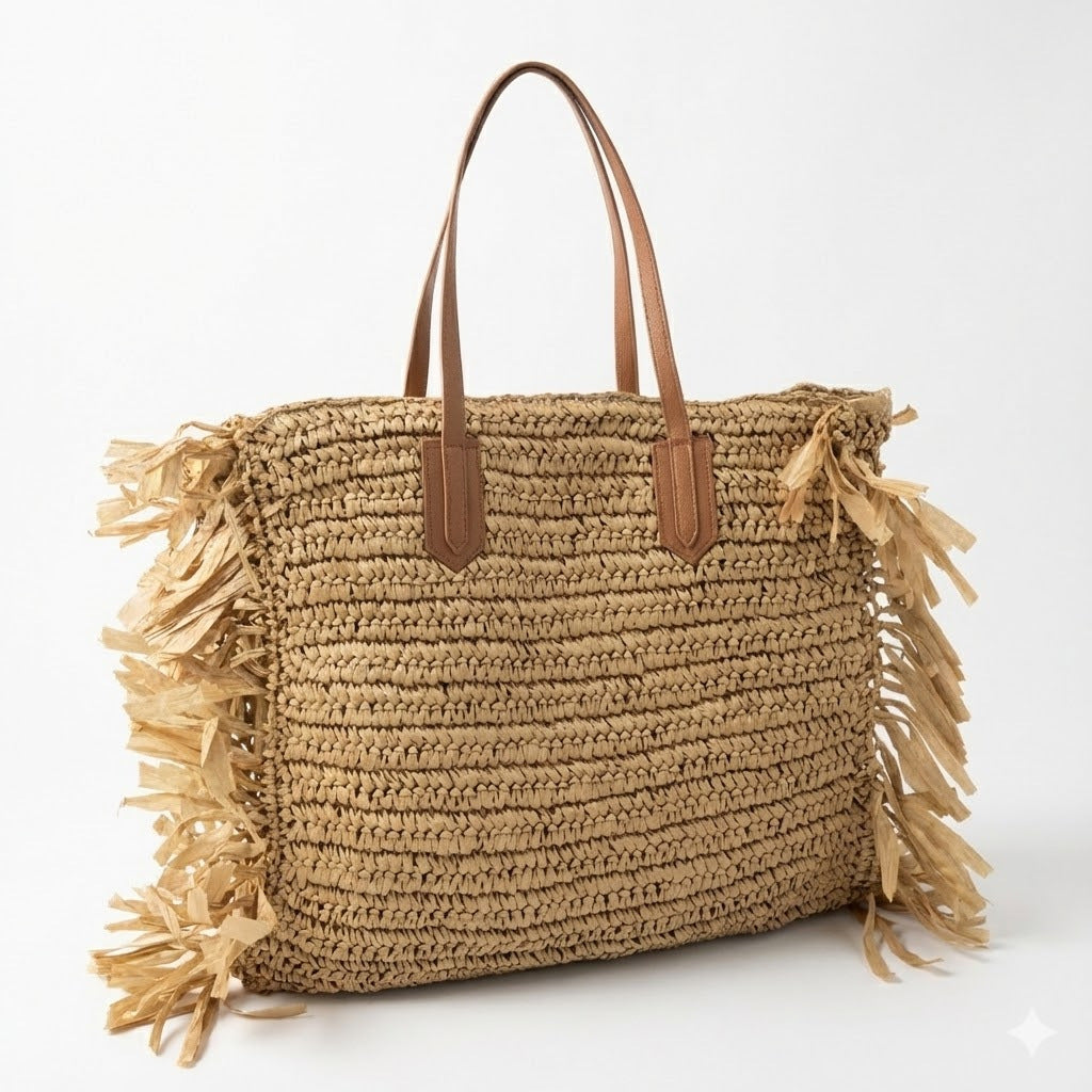 Stylish straw bag with fringed details Bowlift