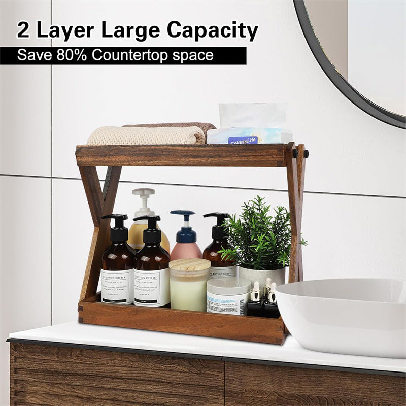 Two-Tier Solid Wood Bathroom Vanity Organizer Shelf Bowlift