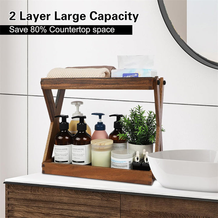 Two-Tier Solid Wood Bathroom Vanity Organizer Shelf Bowlift