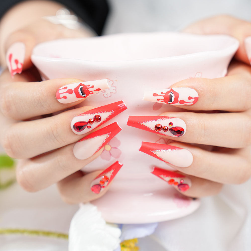 Artistic Stiletto Press-On Nail Set with Rhinestones Bowlift