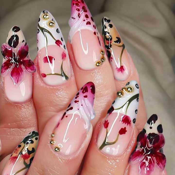 Floral Design Stiletto Press-On Nail Art Bowlift