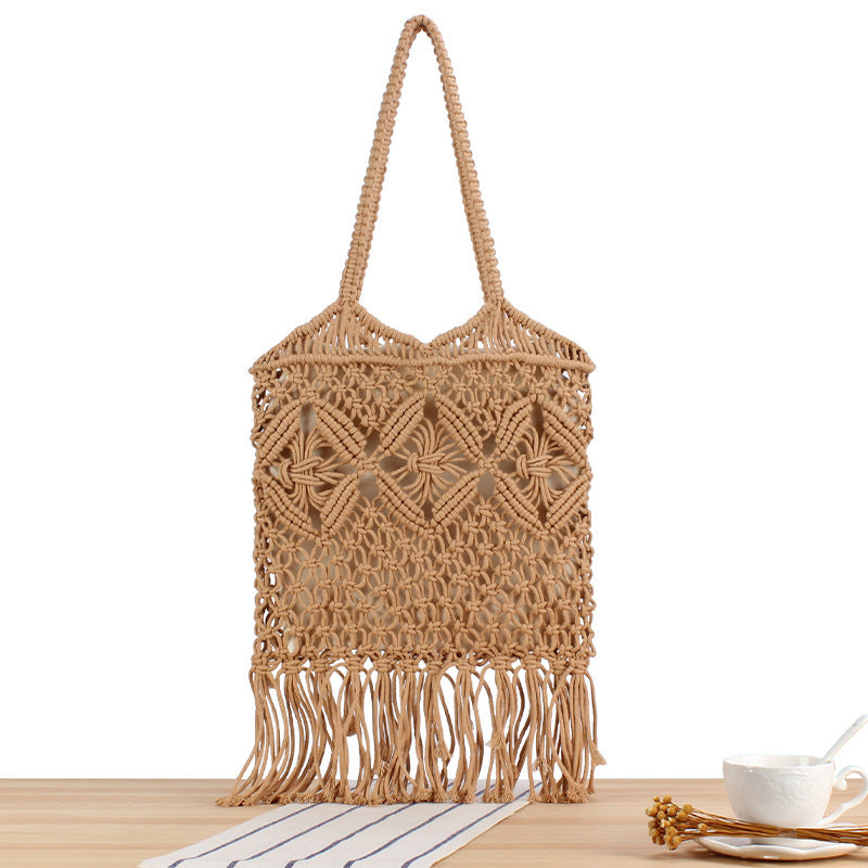 Macrame Tote Bag with Decorative Fringes Bowlift
