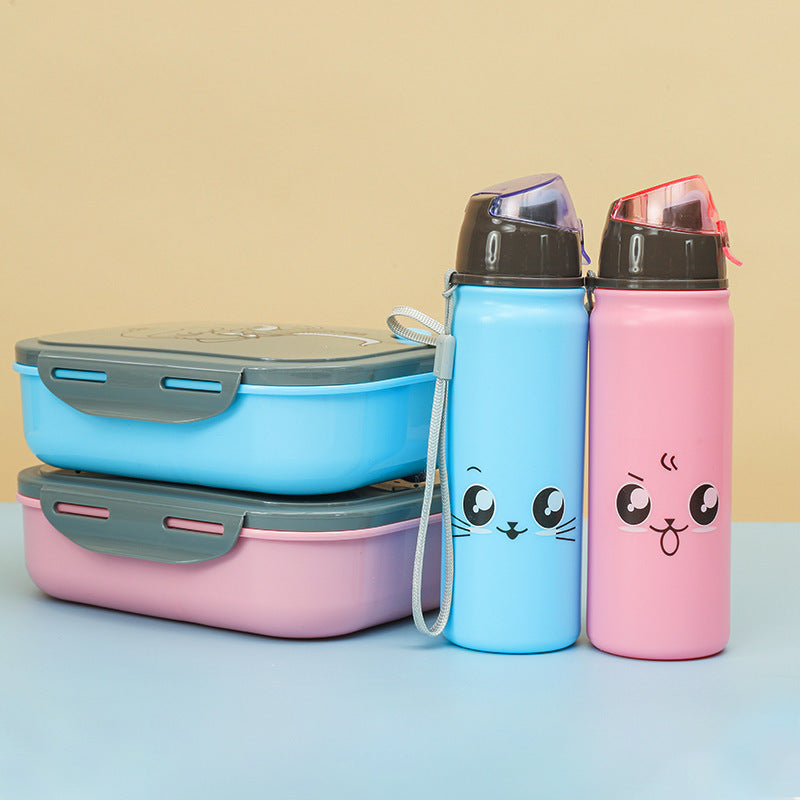 Cute Cat Face Water Bottle and Lunch Box Set