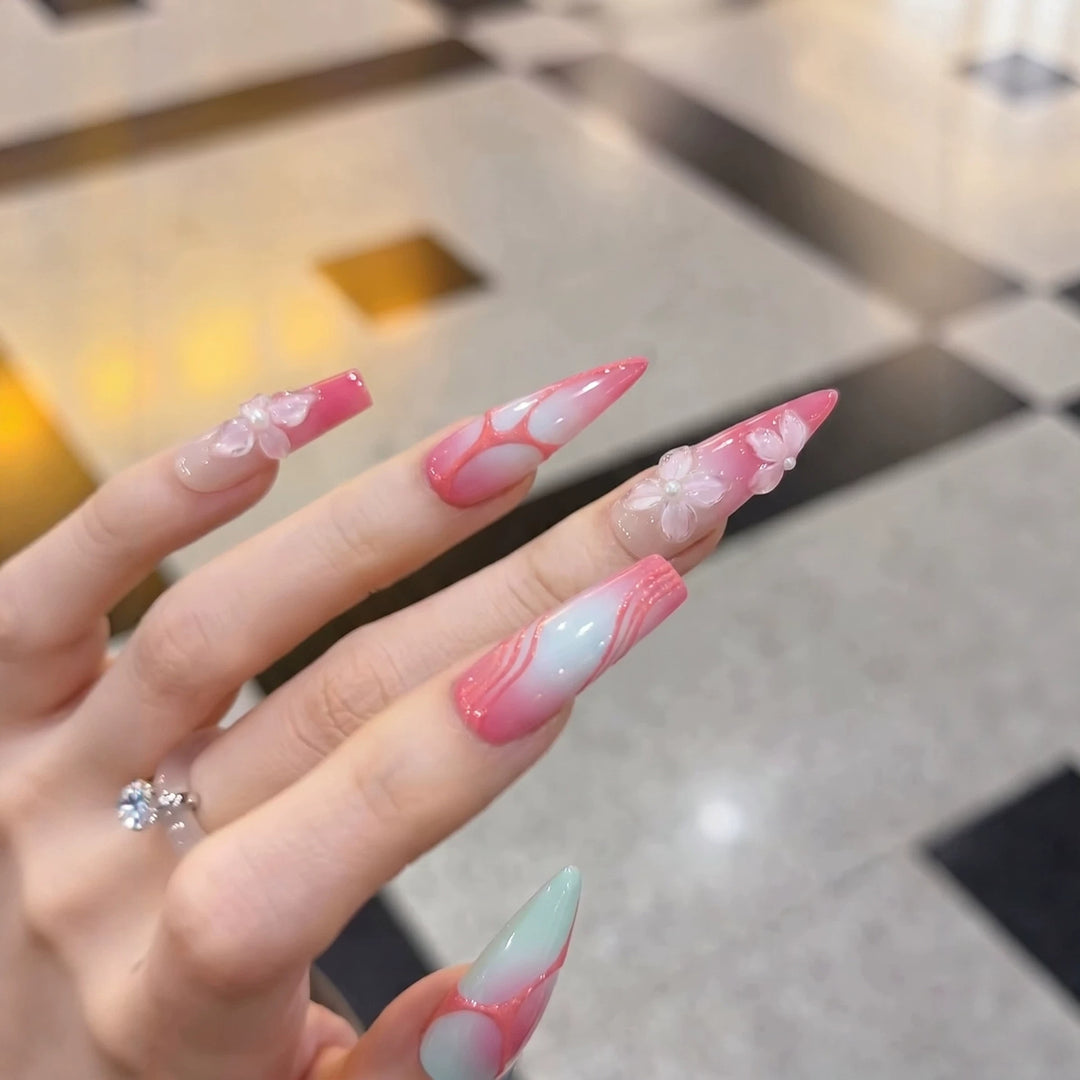 Decorative Stiletto Press-On Nails with Floral Designs Bowlift