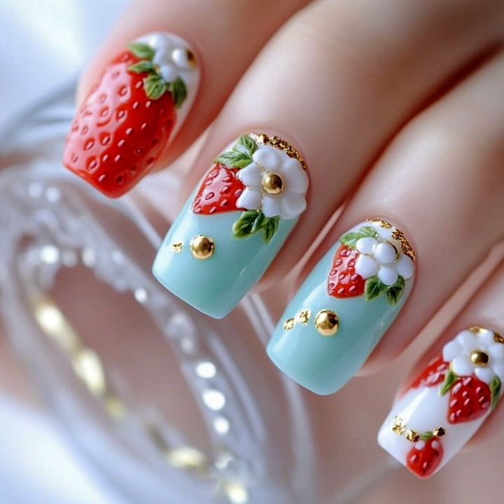 Artistic Strawberry Floral Acrylic Nail Art Extensions Bowlift