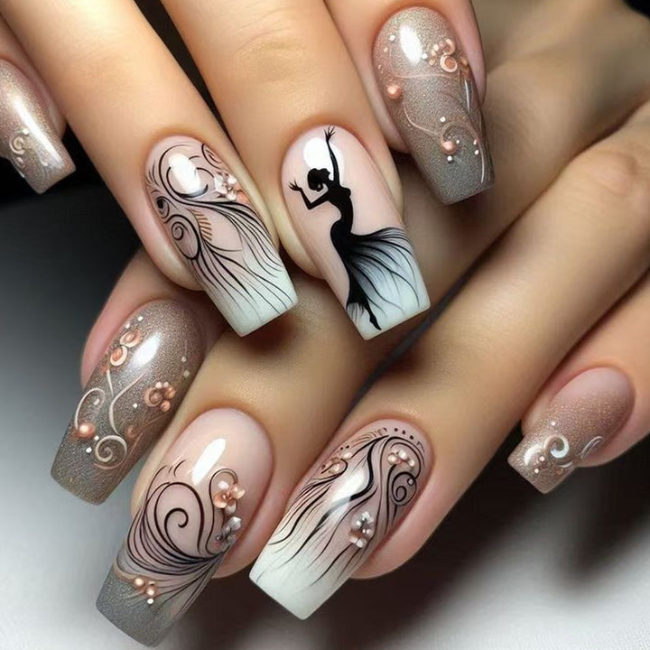 Artificial nails with elegant silhouette and floral accents Bowlift