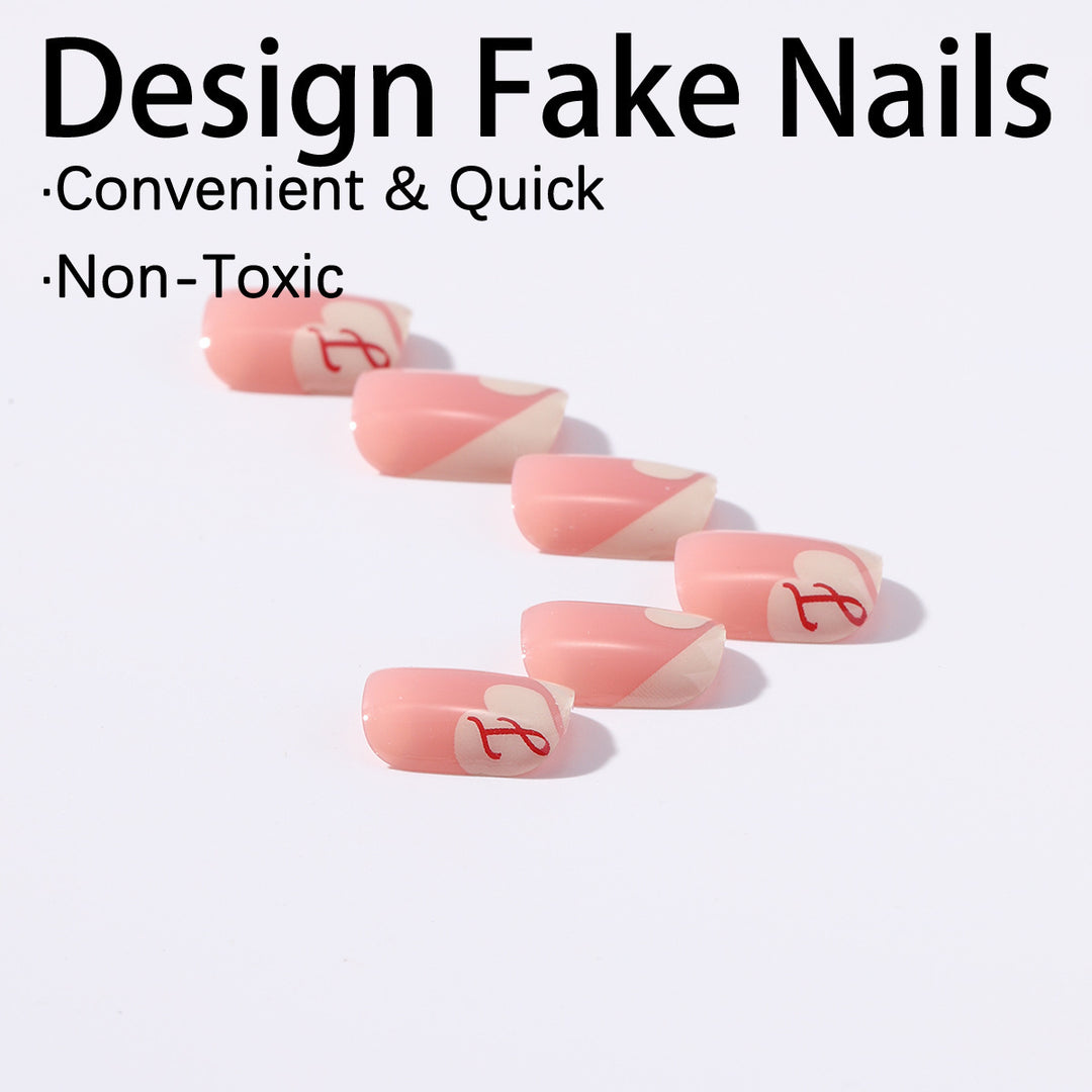 Artificial nail set with elegant French tips and romantic heart designs Bowlift
