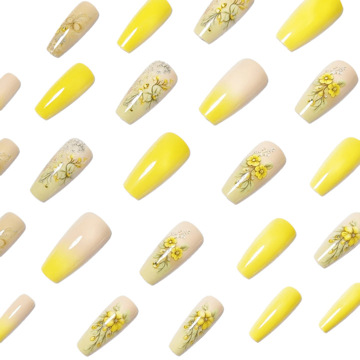 Artificial nails with floral embellishments and glitter Bowlift