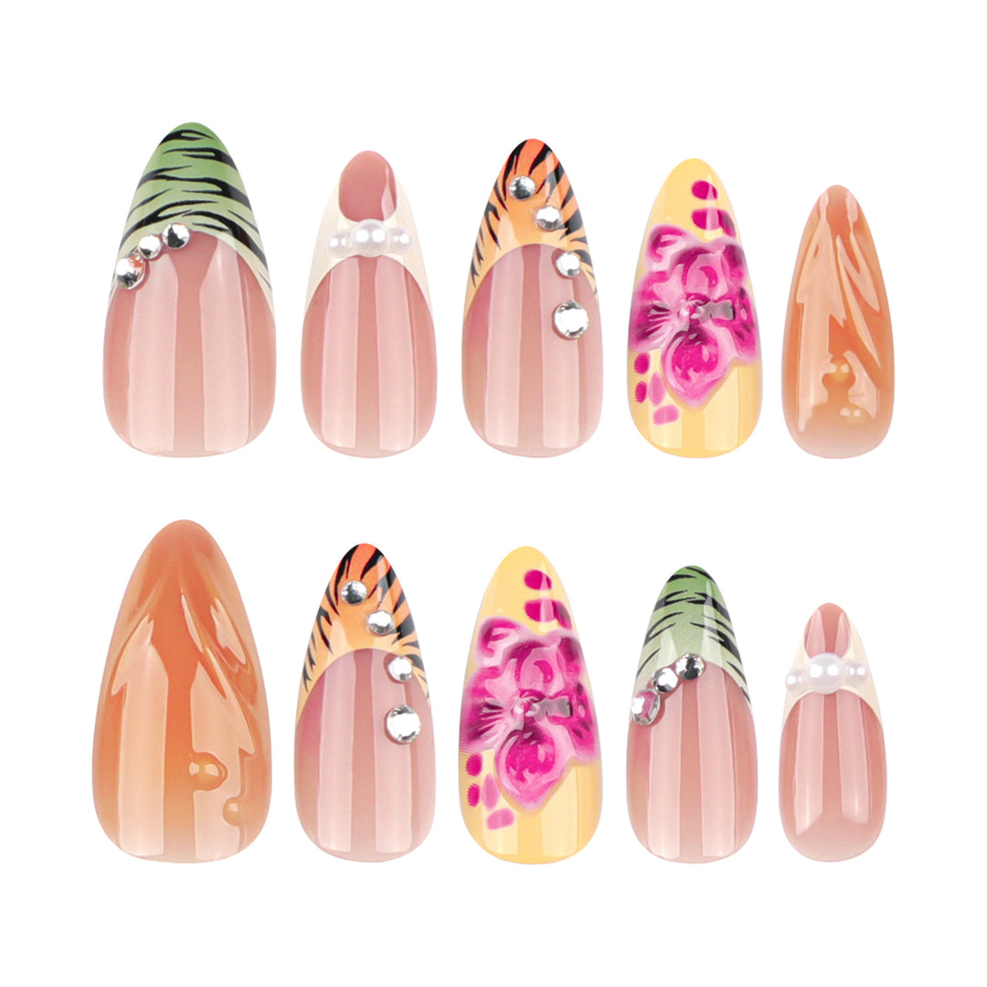 Artistic stiletto nails with colorful flower design and glitter Bowlift