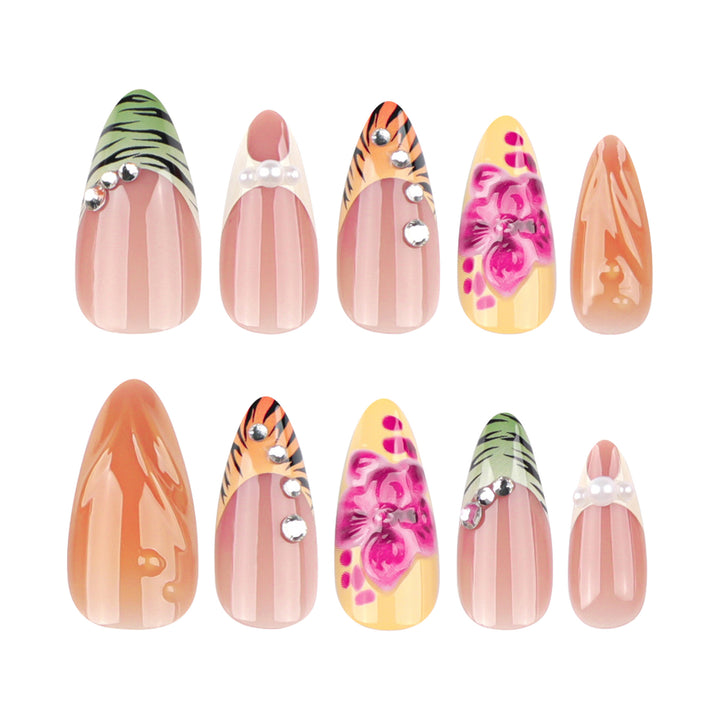 Artistic stiletto nails with colorful flower design and glitter Bowlift