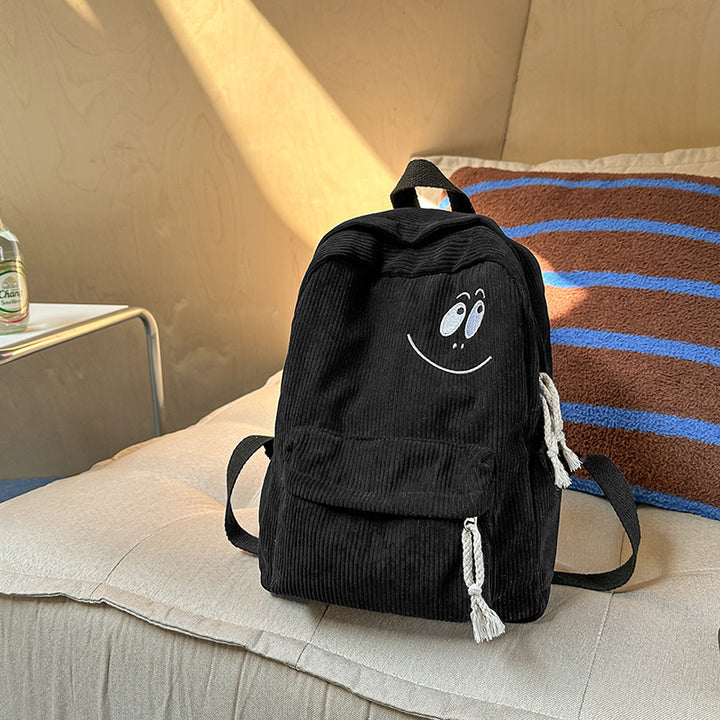 Adorable Corduroy Backpack with Embroidered Smile