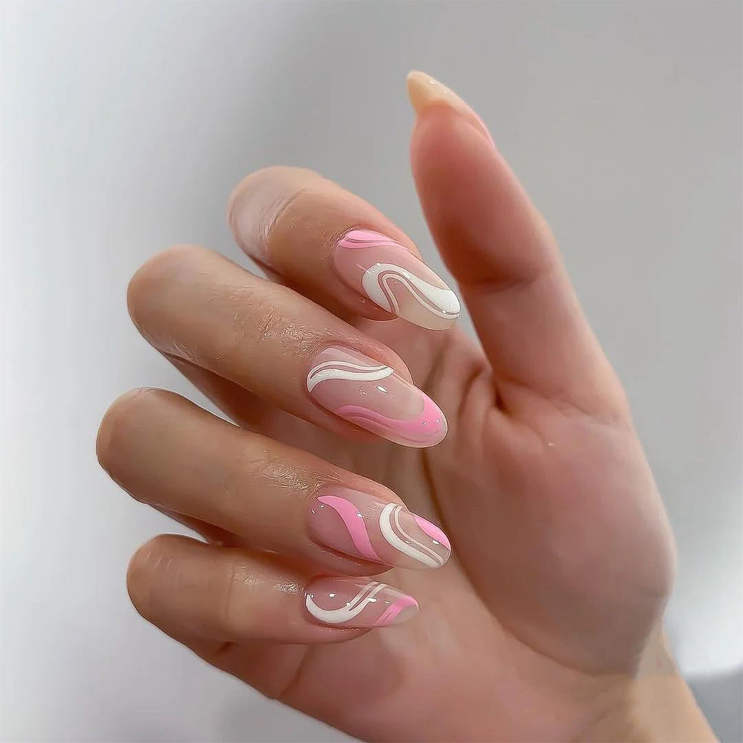Artistic Nail Extensions with Modern Wave Pattern Bowlift