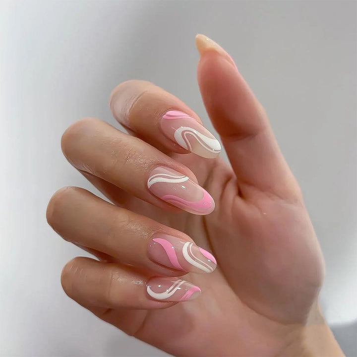 Artistic Nail Extensions with Modern Wave Pattern Bowlift