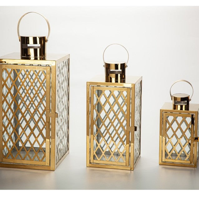 Modern Polished Lattice Metal Lantern Collection with Hinged Door and Top Loop Handle Bowlift