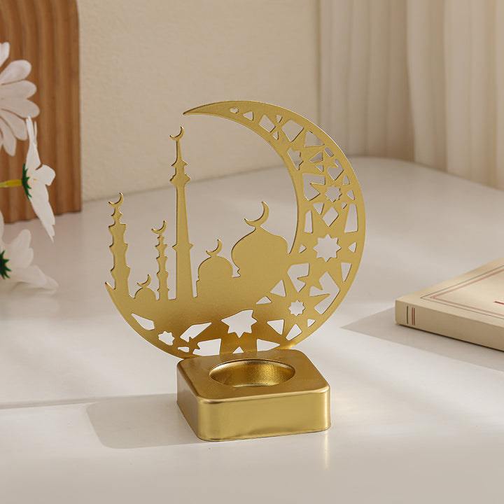 Crescent Silhouette Mosque Tea Light Lantern with Filigree Metal Base Bowlift