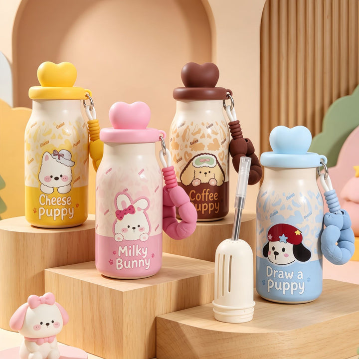 Insulated drinking bottle with sweet dog design and practical carrying strap Bowlift