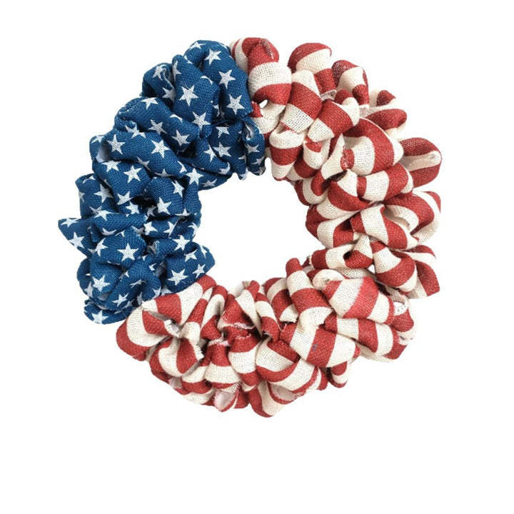 Unisex nan patriotic burlap wreath with ruffled looped design and stars and stripes motif for front door Bowlift