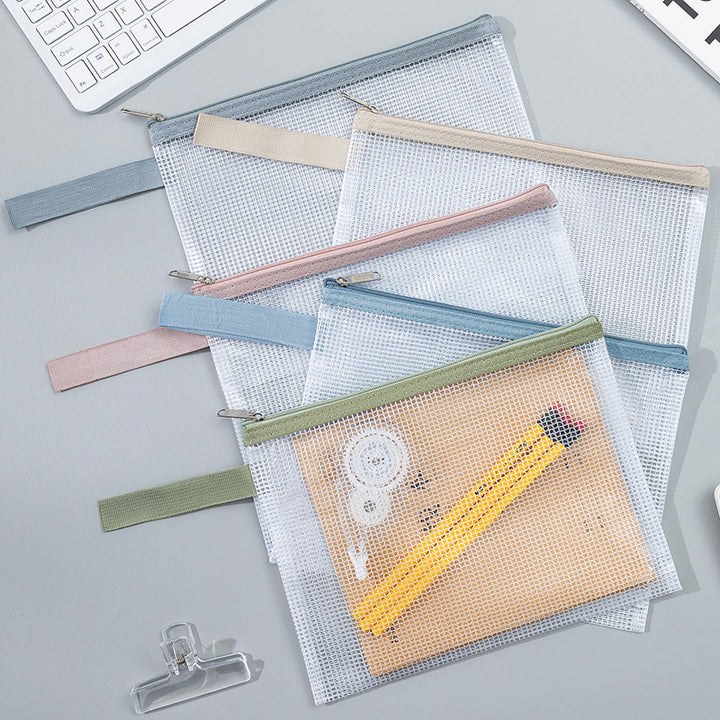 Transparent Mesh Zipper Pouch Set with Wrist Strap Stationery Organizer Bowlift