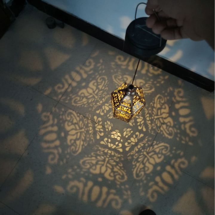 Ornate Moroccan Cutout Metal Hanging Pendant Light With Decorative Shadow Projection And Ceiling Canopy Bowlift
