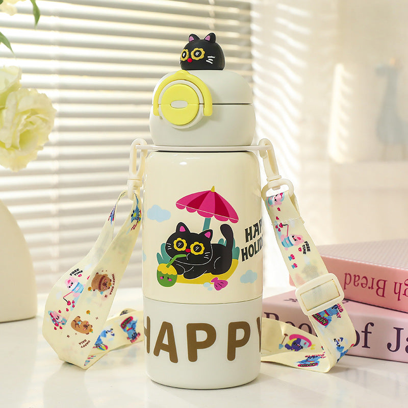 Women's insulated drink bottle with practical carrying strap and cute cat design Bowlift