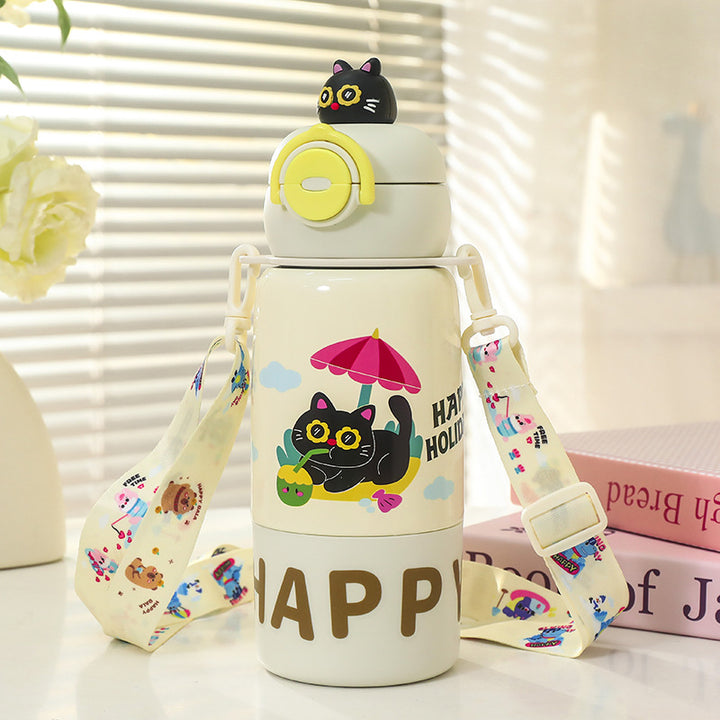 Women's insulated drink bottle with practical carrying strap and cute cat design Bowlift