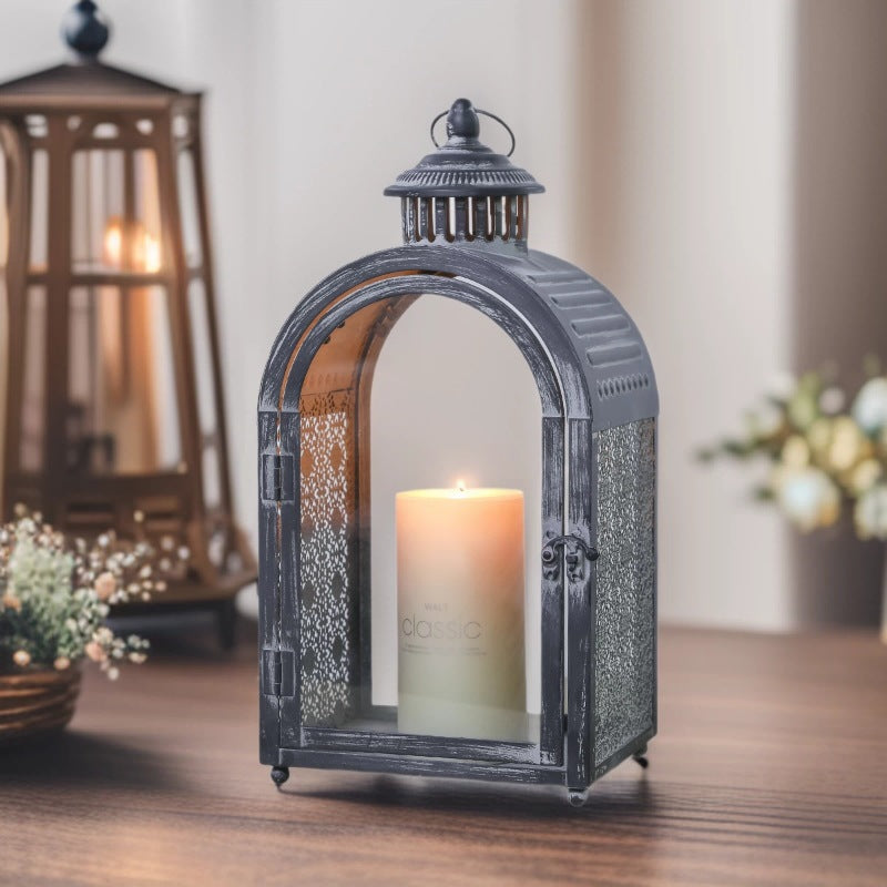 Antique-Style Arched Metal and Textured Glass Candle Lantern for Pillar Candles Bowlift