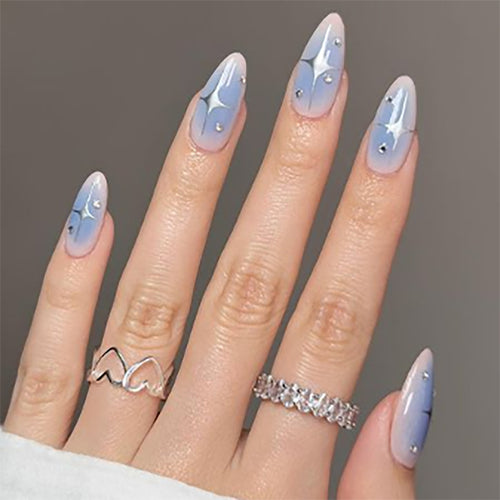 Artistic Stiletto Press-On Nails with Glimmering Blue Design Bowlift