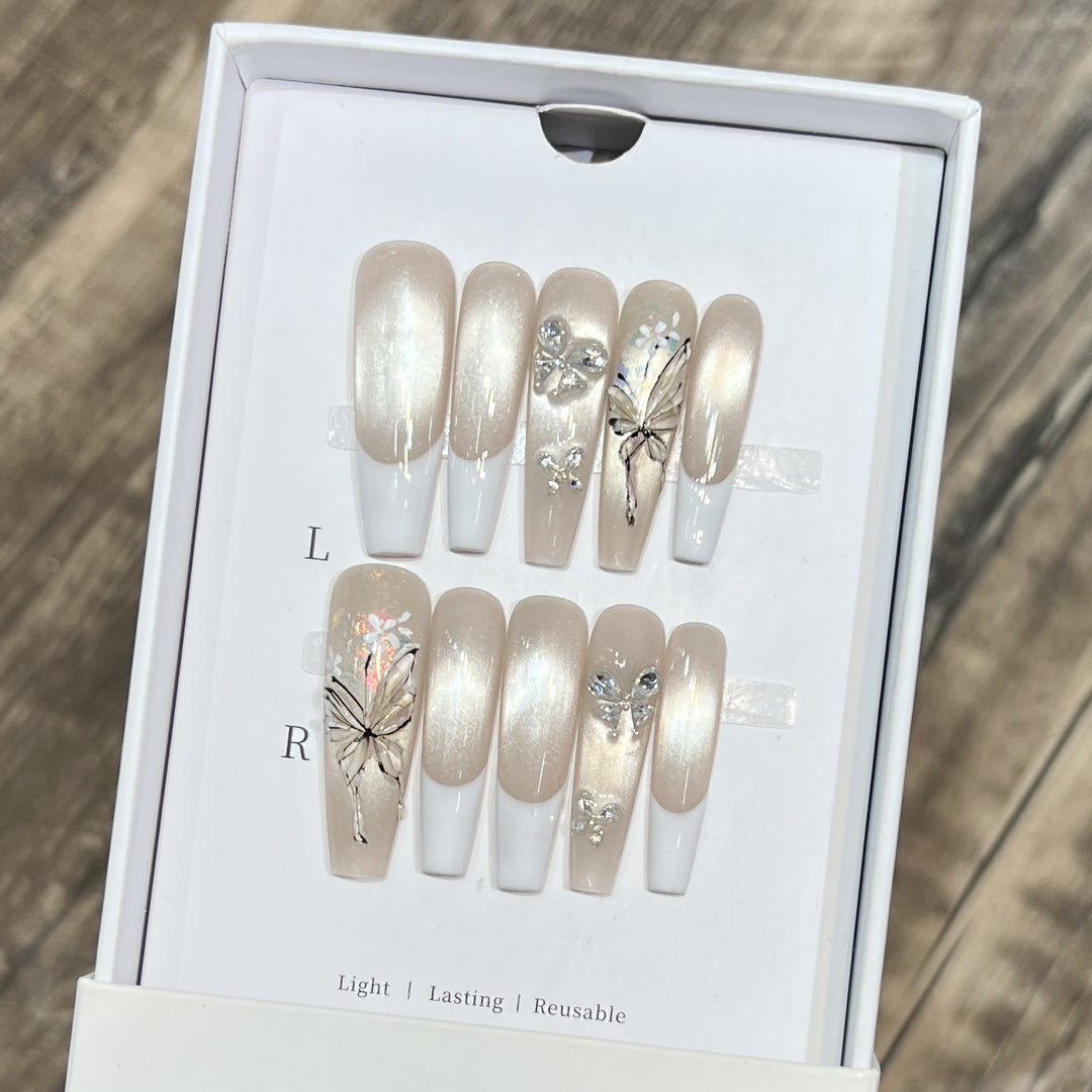 Elegant Press-On Nail Art Set with Butterfly and Jewel Accents Bowlift